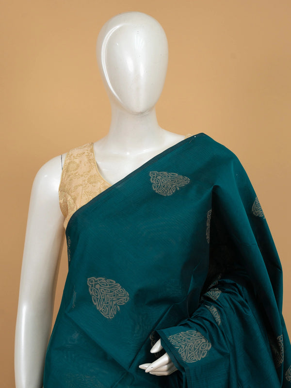 Peacock teal blue silk cotton saree with beige woven buta motifs and patterned pallu