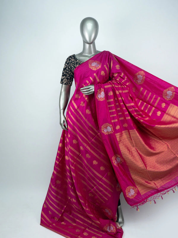 Magenta pink semi raw silk saree with gold zari floral motifs and brocade pallu