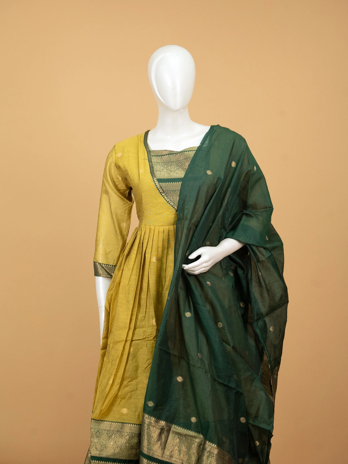 Mustard and green zari woven cotton silk Anarkali kurti set with contrast V-yoke and green dupatta