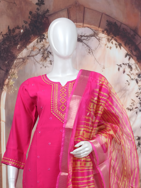 Rani pink embroidered kurti set with golden yoke and leheriya striped dupatta