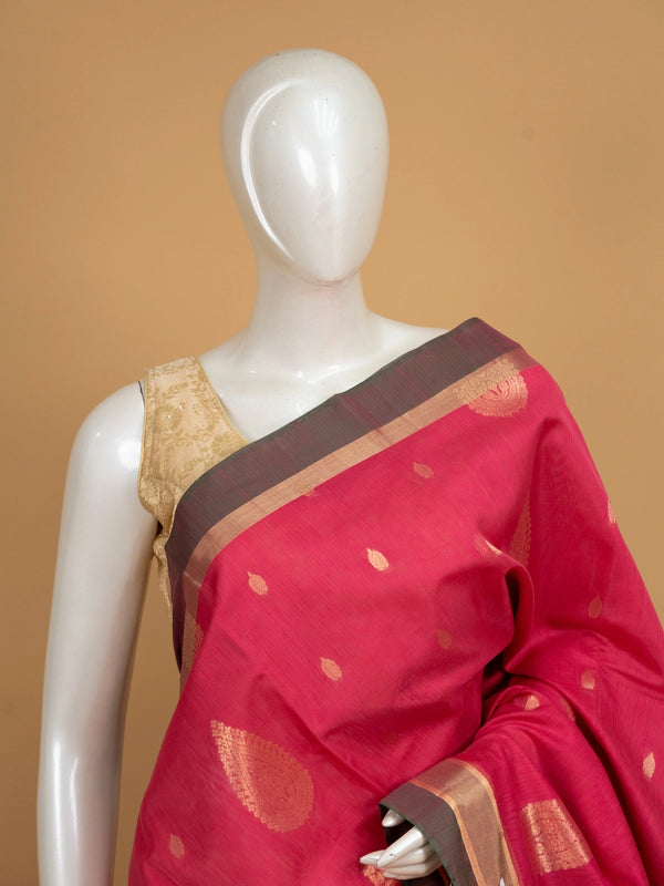 Pink pure silk cotton saree with gold zari buttas and contrast green zari border and pallu