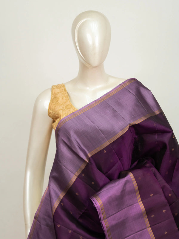 Purple pure soft silk saree with lavender contrast border, gold zari buttis and floral zari pallu