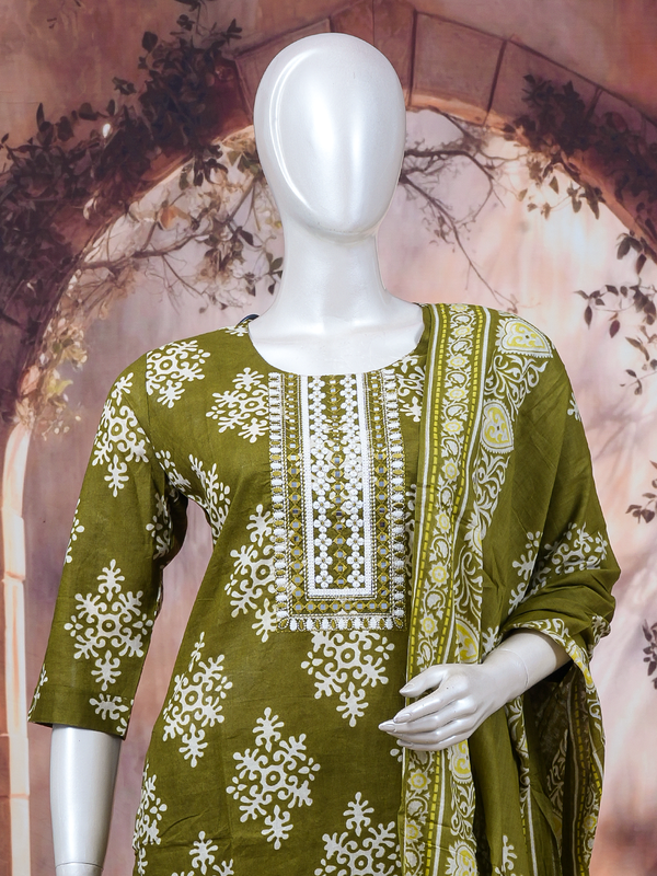 Olive green block print cotton kurti set with mirror work yoke, matching pants and printed dupatta