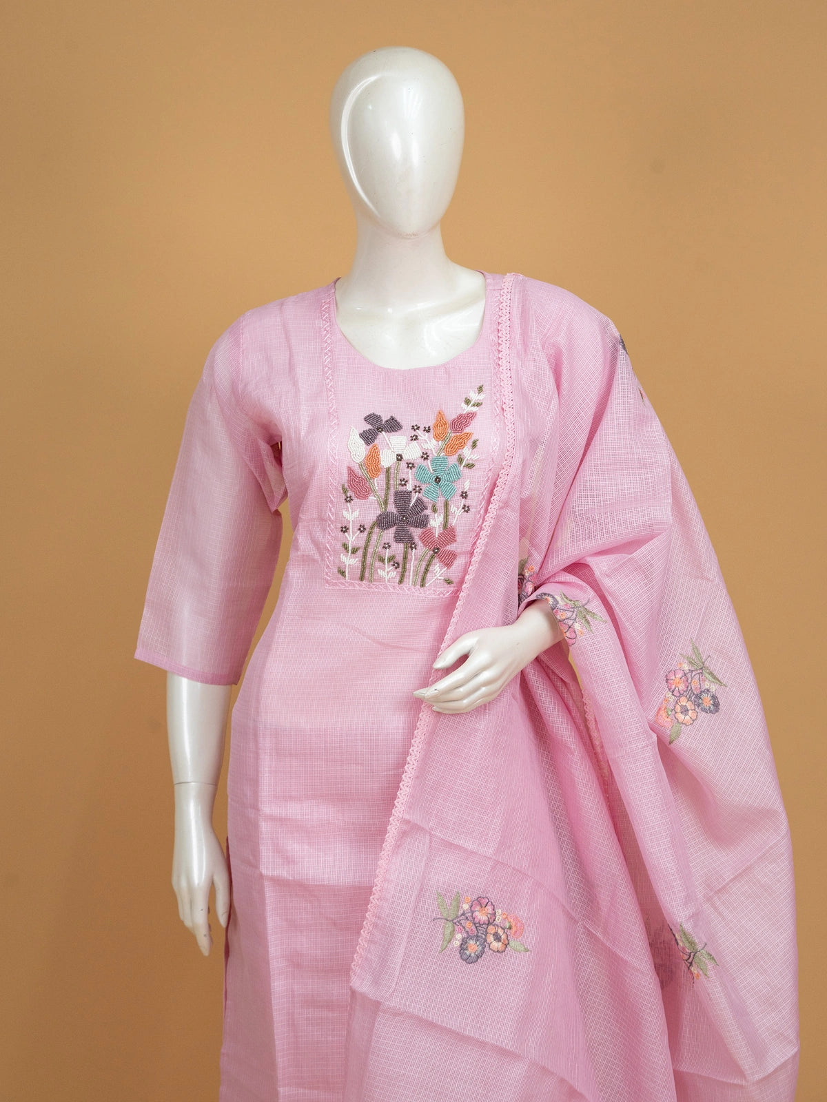 Pink Kota cotton straight cut kurti set with multicolour floral beadwork and matching dupatta