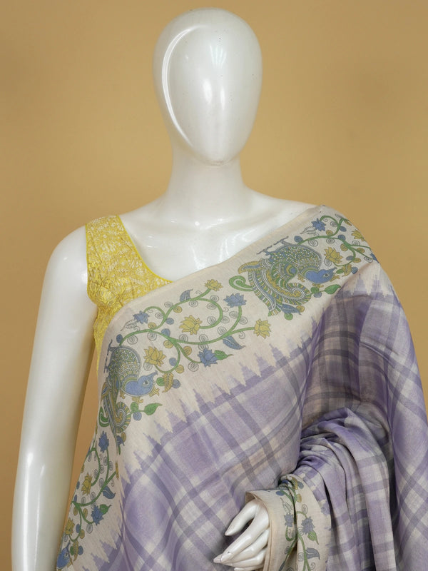 Lavender and cream checked linen cotton saree with Kalamkari peacock and floral printed pallu and border