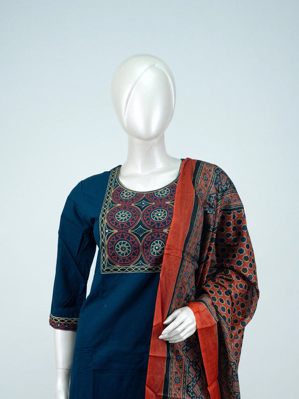 Navy blue cotton straight-cut kurti set with mirror-embroidered yoke and rust Ajrakh-print dupatta