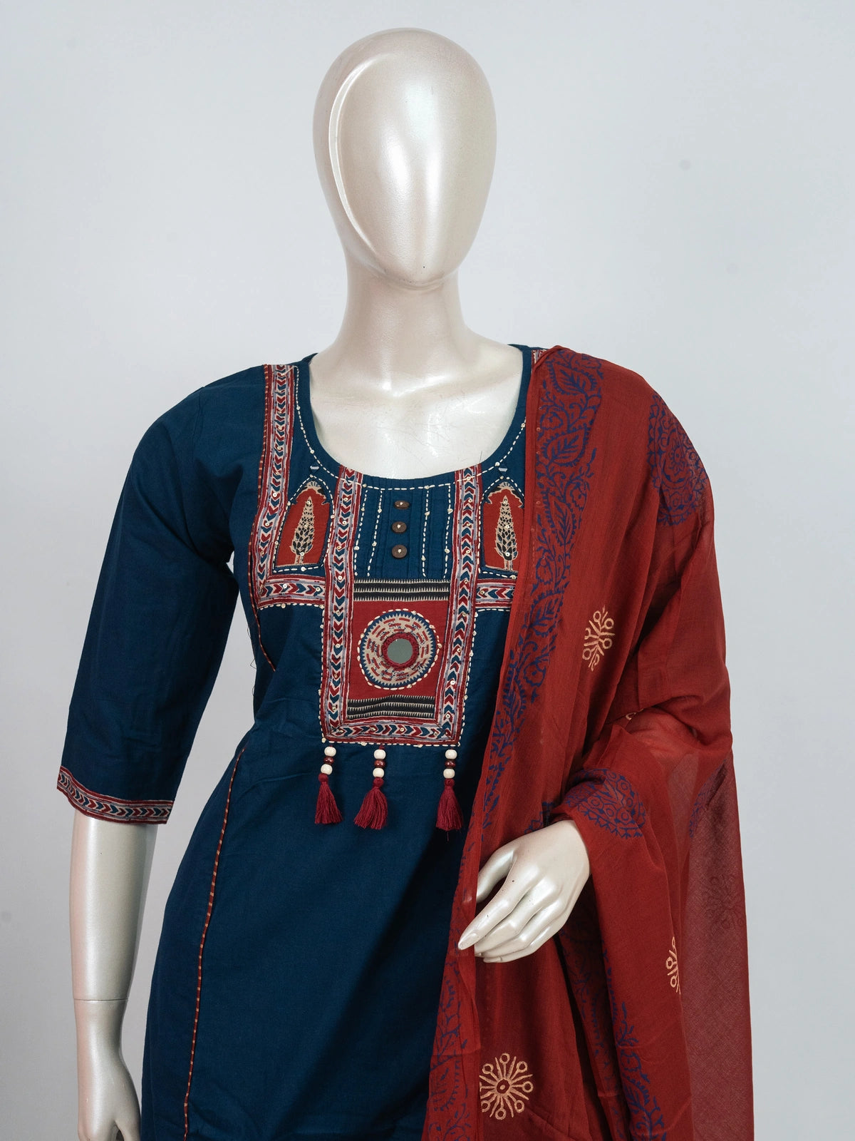 Teal Blue cotton straight cut kurti set with maroon mirror work embroidered yoke and block-printed dupatta