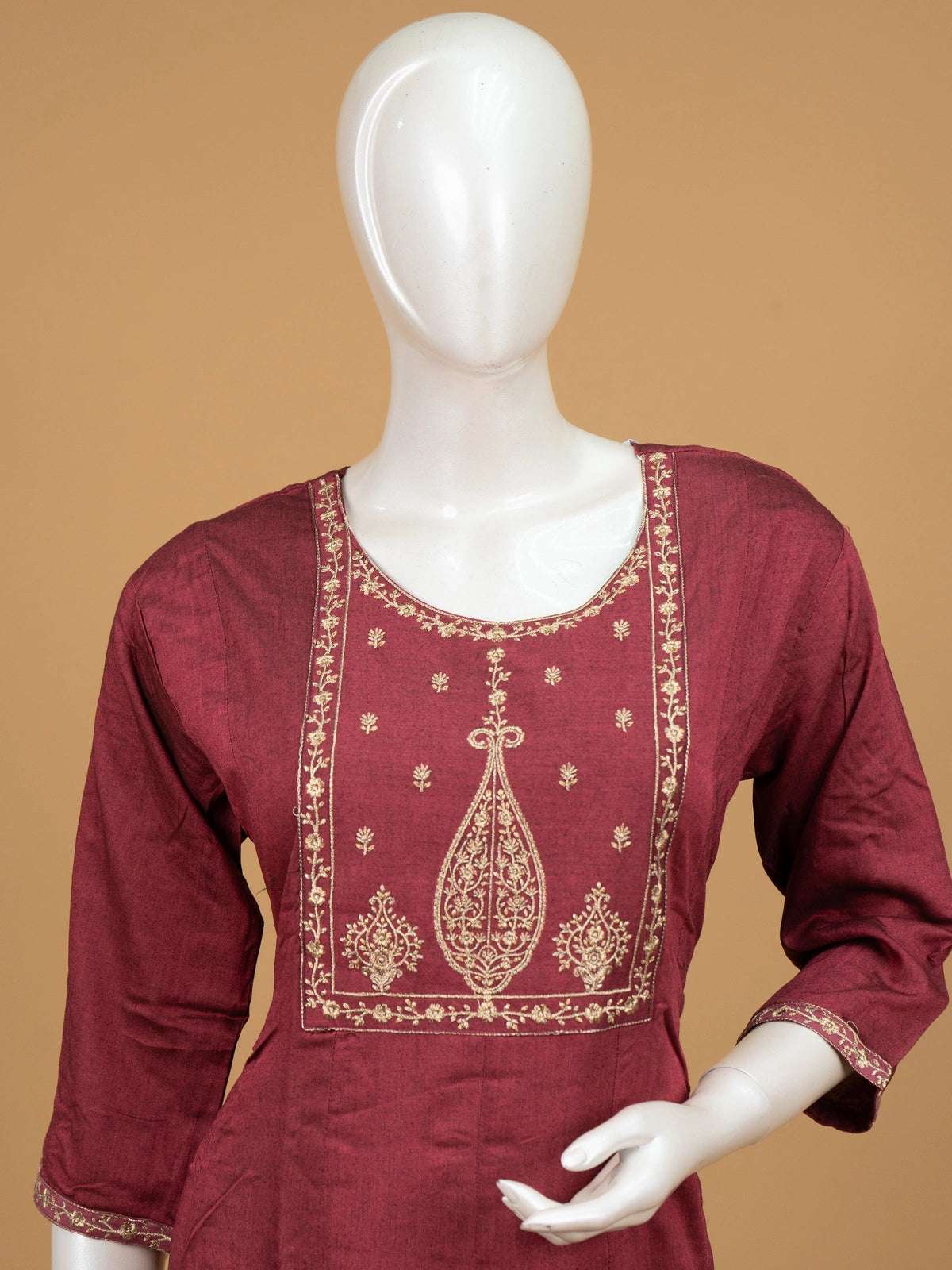 Maroon zari embroidered cotton Anarkali kurti top with gold paisley yoke