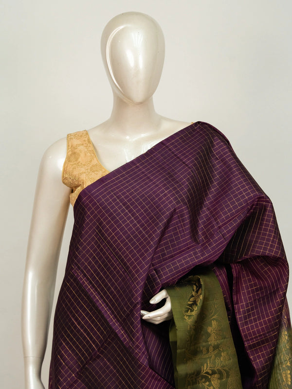 Wine purple Kanchipuram pure mix saree with gold zari checks and olive green floral zari contrast border