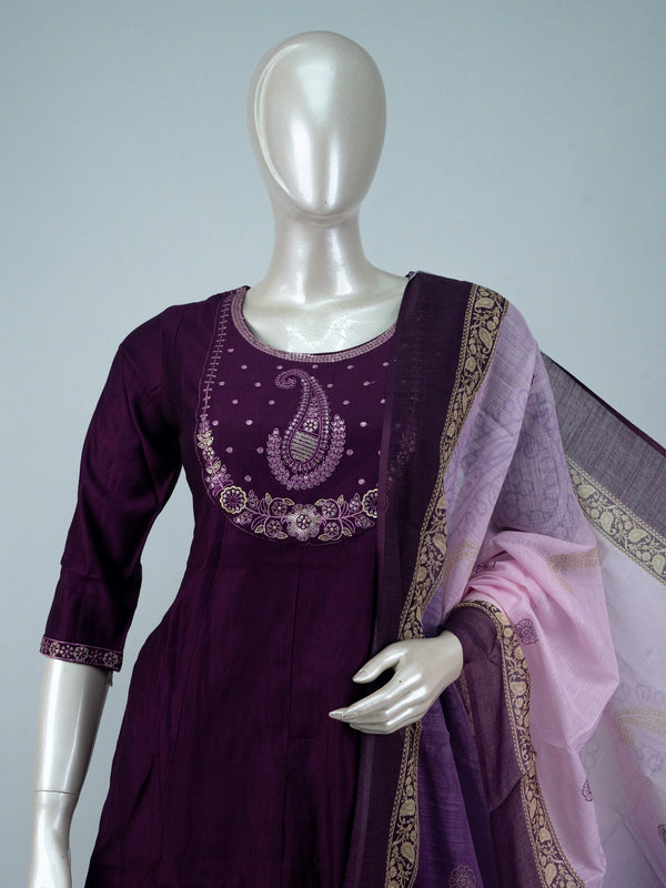 Purple sequin embroidered paisley Anarkali kurti set with ombre pink zari dupatta