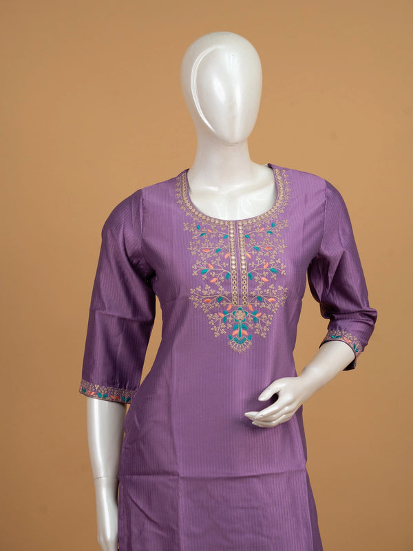 Lavender embroidered textured straight cut kurti top with zari and mirror work neckline