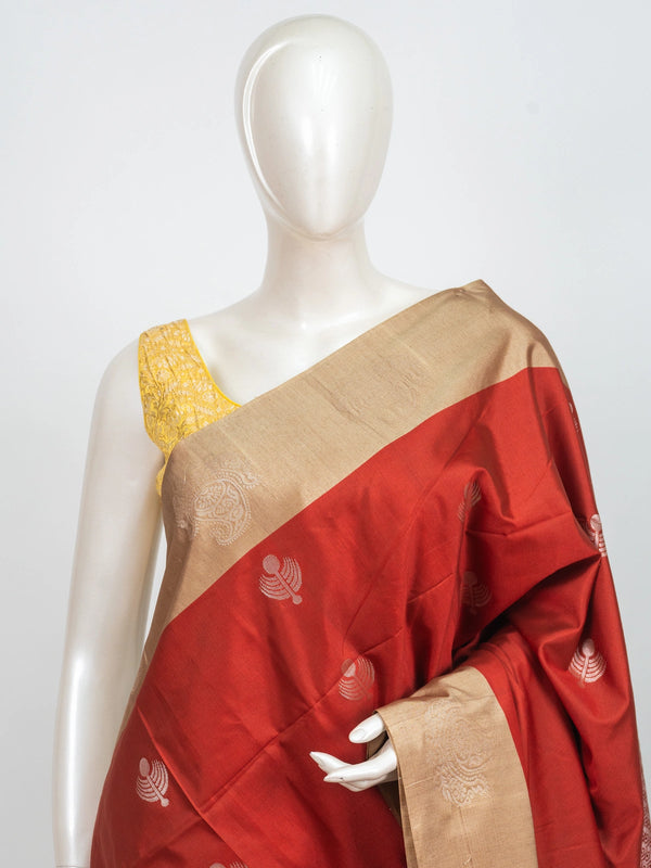 Red Kanchipuram fancy silk saree with beige contrast border and silver zari pallu