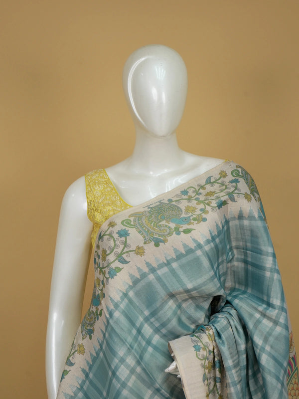 Teal blue and cream linen cotton saree with checked body and Kalamkari peacock printed pallu