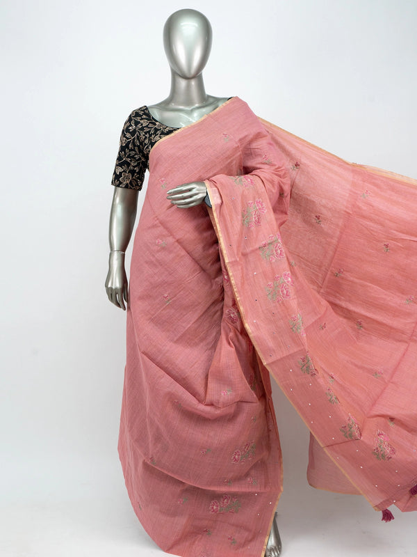 Dusty rose pink linen cotton saree with floral embroidery, sequin work, gold border and tasselled pallu