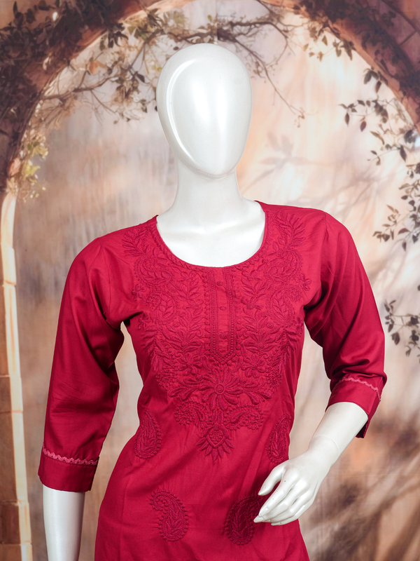 Rani Red embroidered cotton kurti set with matching straight pants