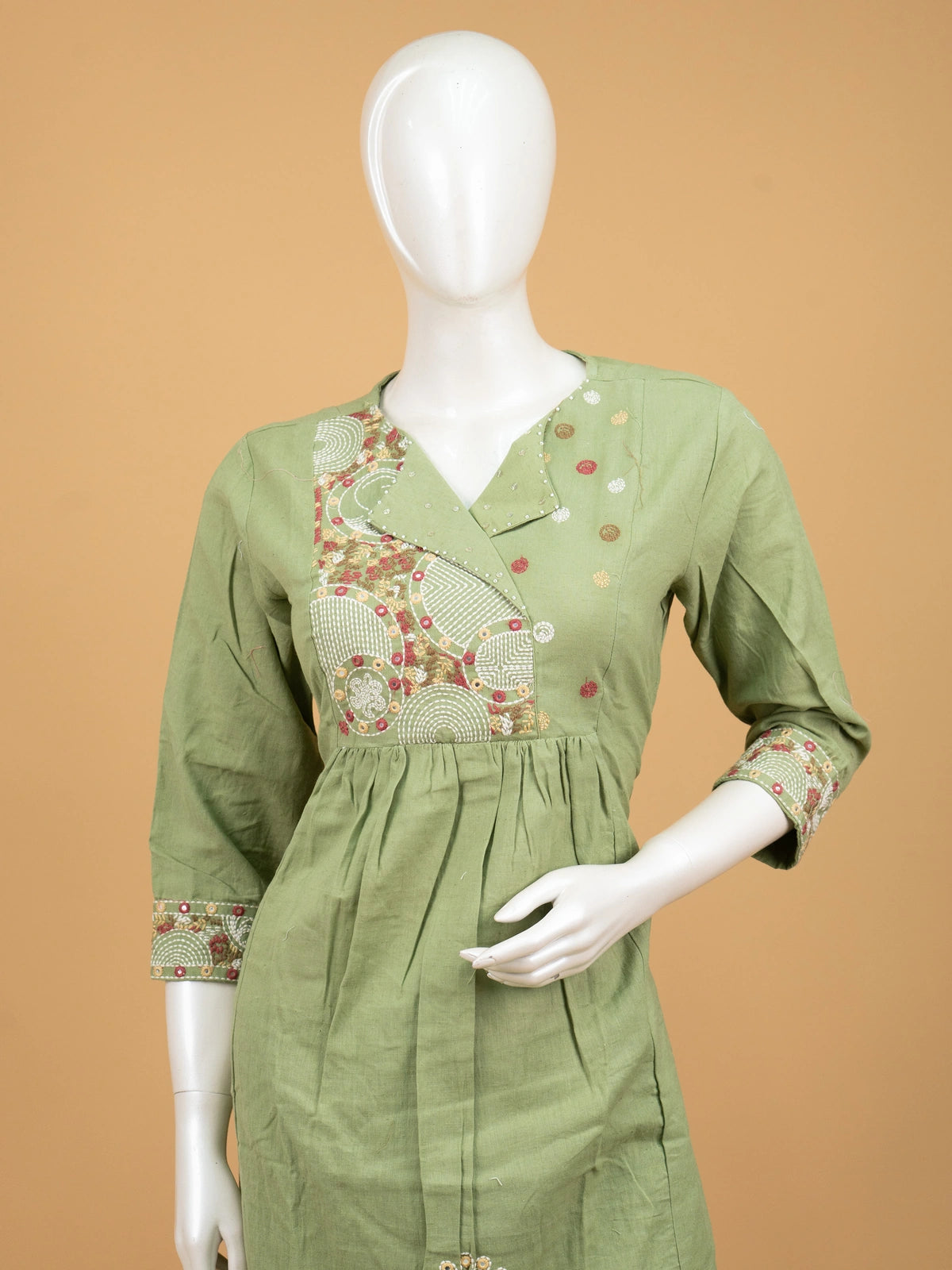 Sage green cotton straight cut kurti set with Kantha peacock embroidery and pink floral dupatta
