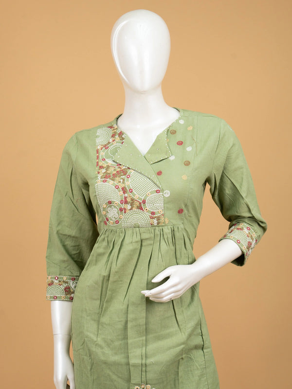 Sage green cotton straight cut kurti set with Kantha peacock embroidery and pink floral dupatta