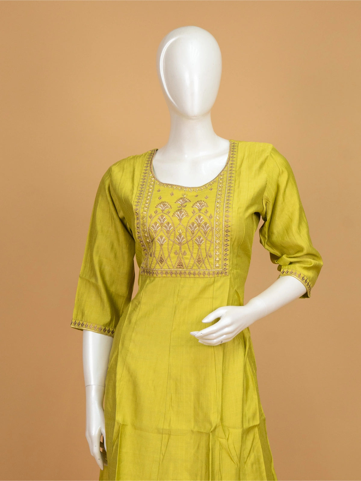 Lime green Zari embroidered art silk Anarkali kurti top with gold floral yoke