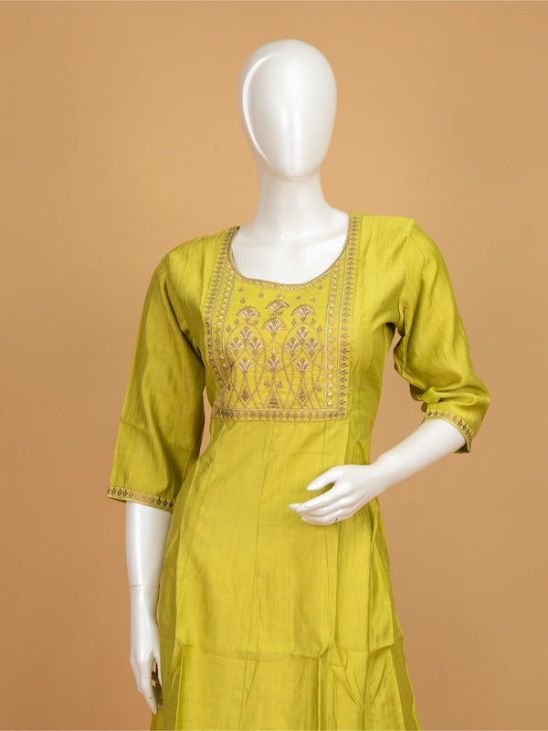 Lime green Zari embroidered art silk Anarkali kurti top with gold floral yoke