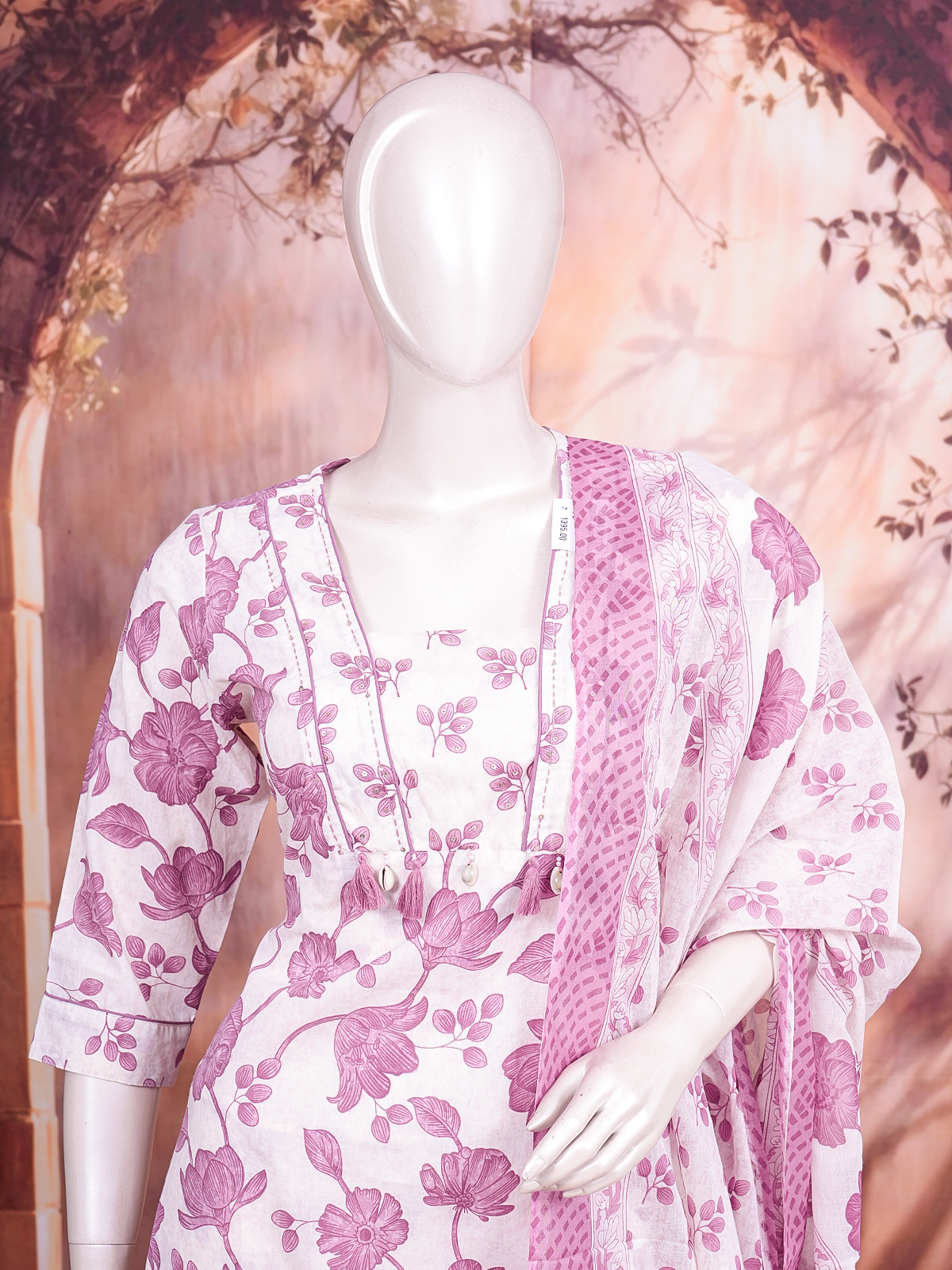 White and mauve floral cotton kurti set with matching pants and printed dupatta