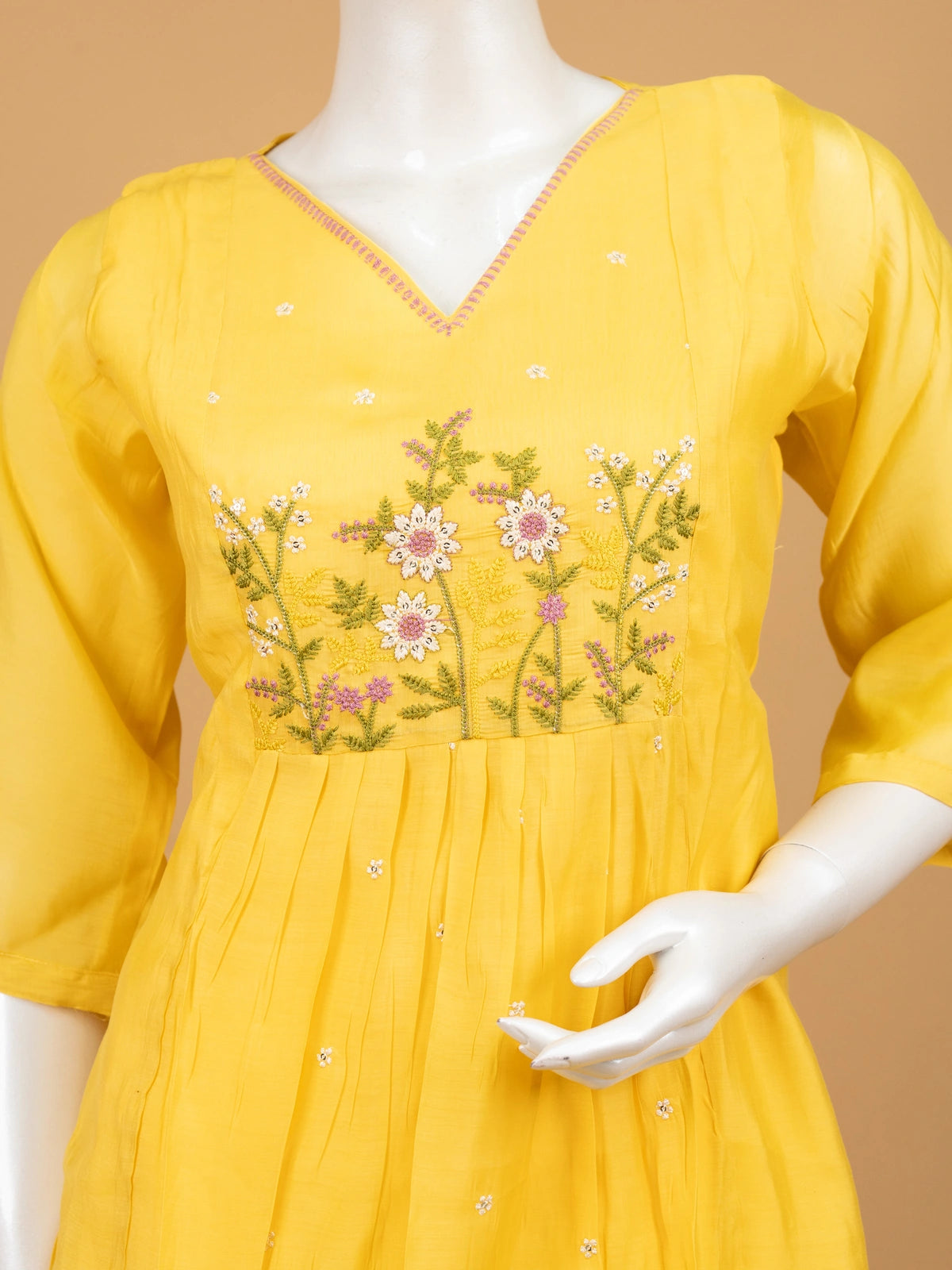 Yellow floral embroidered Anarkali kurti top with V-neck and 3/4 sleeves
