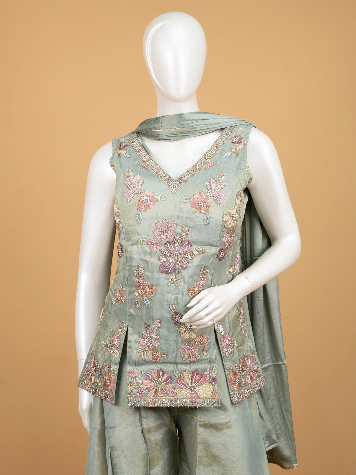 Sage green floral embroidered tissue silk straight cut kurti set with flared palazzo and dupatta