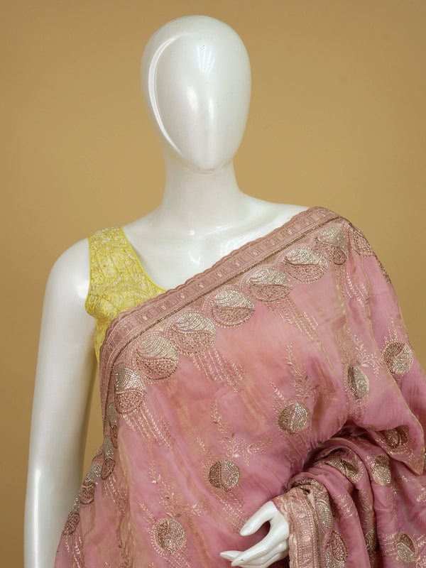Blush pink organza designer saree with gold zari and sequin embroidered floral and paisley motifs and scalloped border
