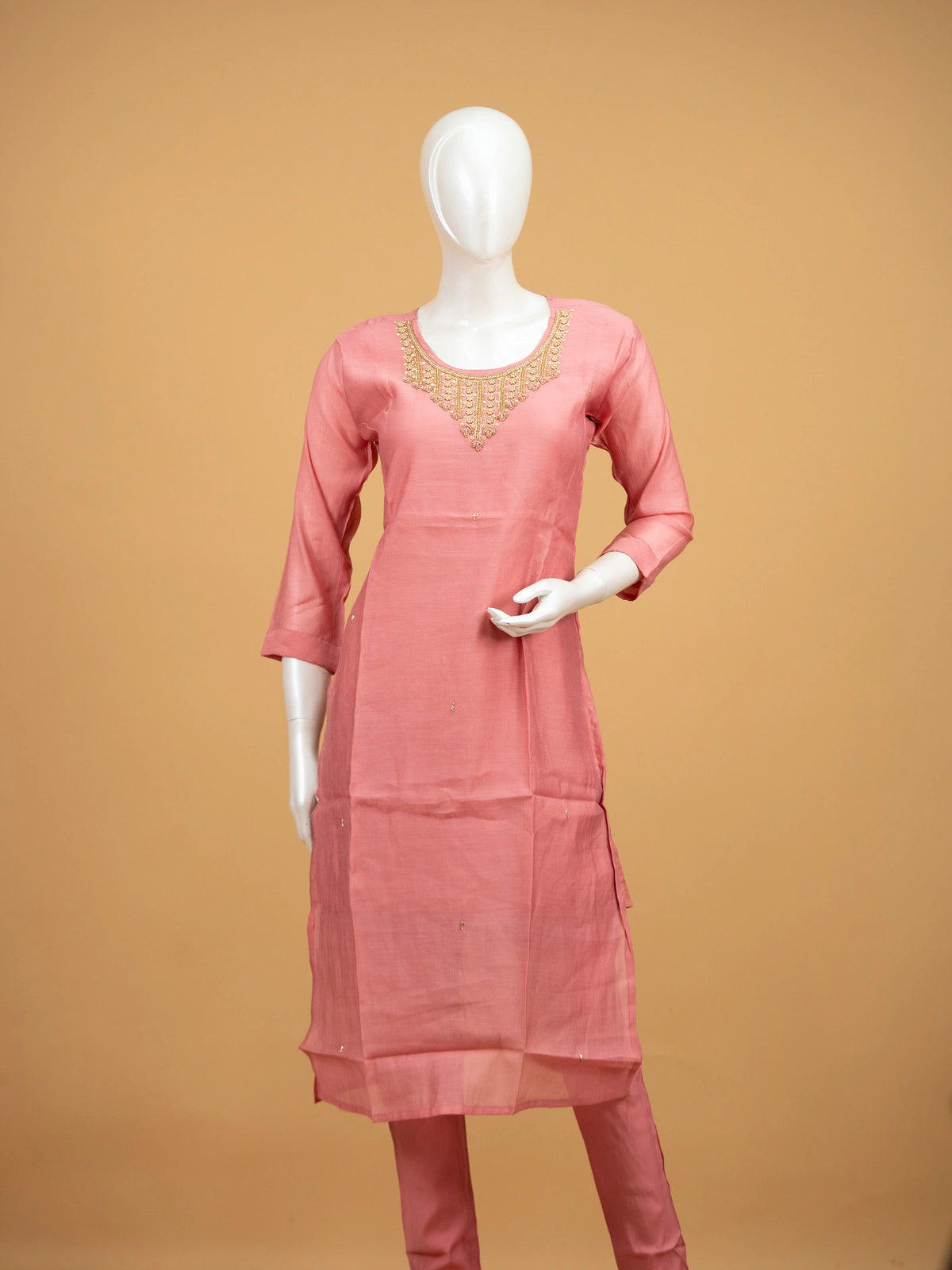 Rose Pink Chanderi Silk Zari Embroidered Straight Cut Kurti Set with dupatta