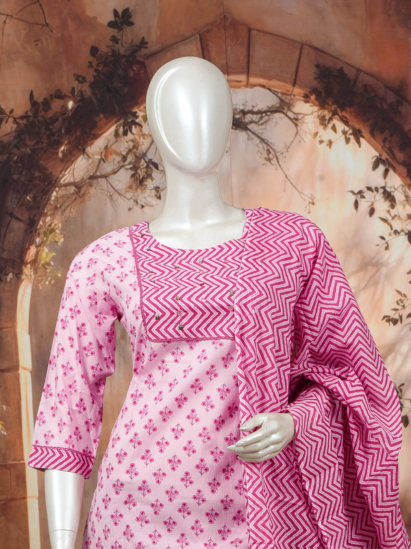 Pink floral cotton kurti set with magenta chevron yoke, straight pants and printed dupatta