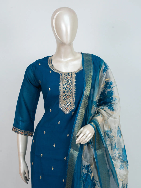 Teal Blue art silk straight cut kurti set with zari embroidery and cream floral dupatta
