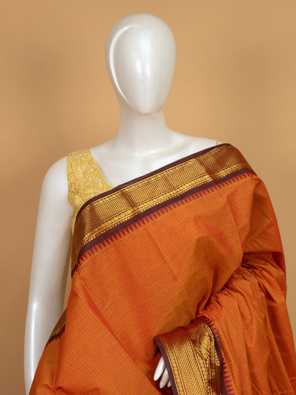 Orange Chettinad cotton saree with fine checks and contrast maroon gold zari border