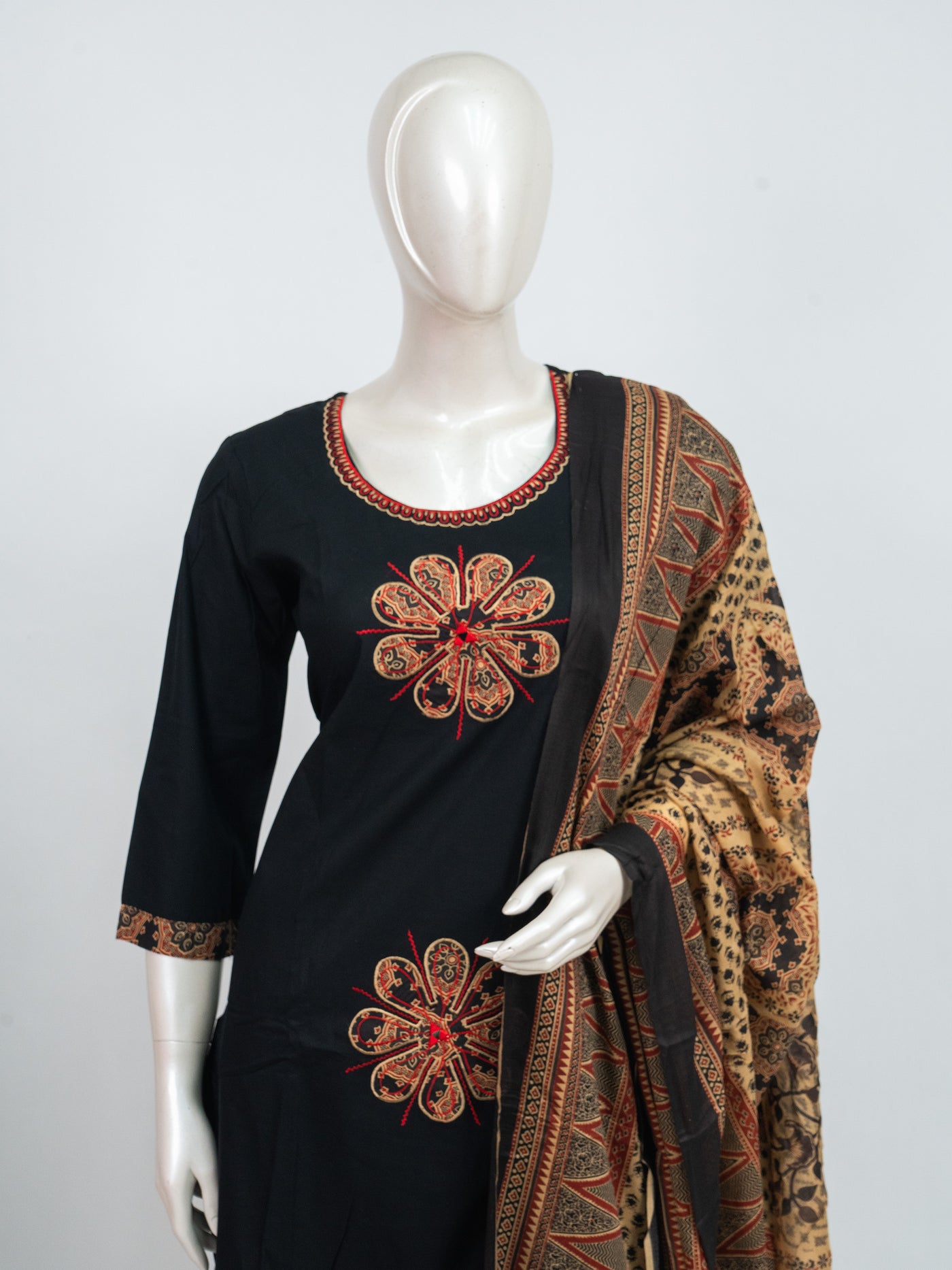Black with Beige and Red Dupatta Ready Made Straight Cut Kurti Set