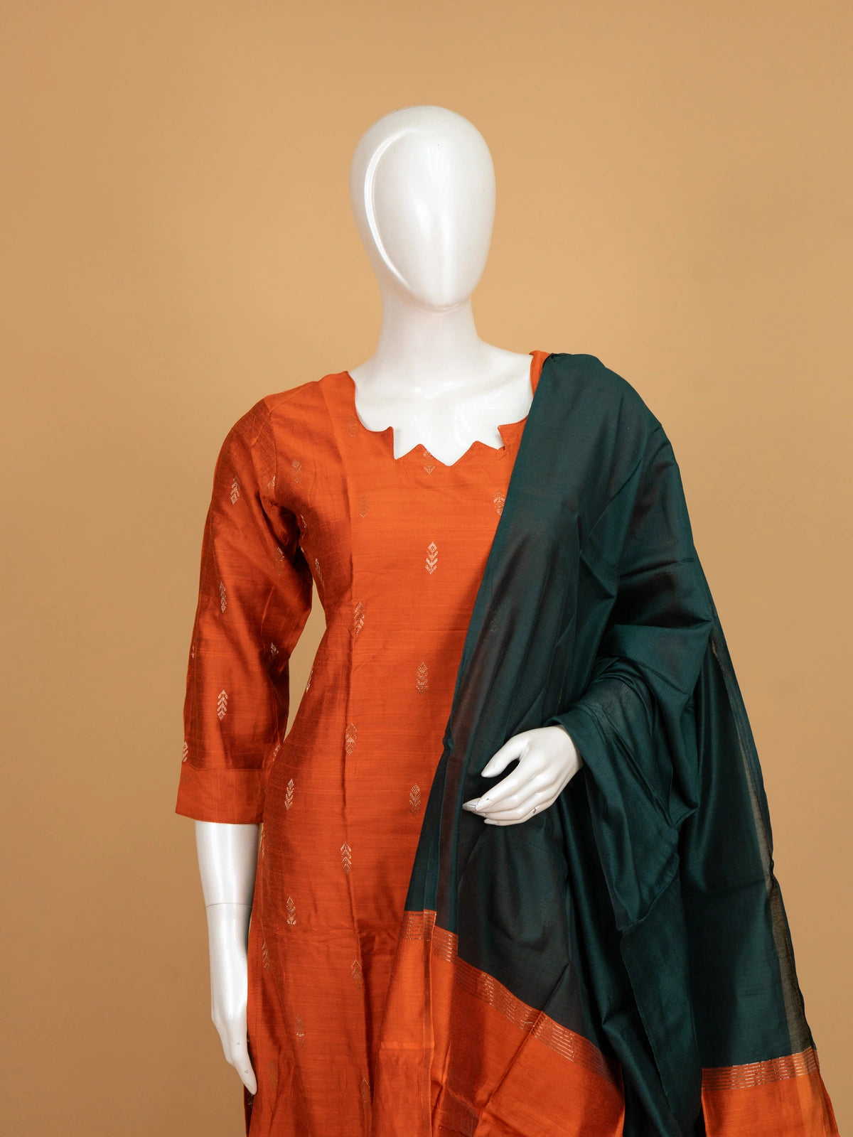 Rust orange zari butta silk blend straight cut kurti set with deep green pants and dupatta