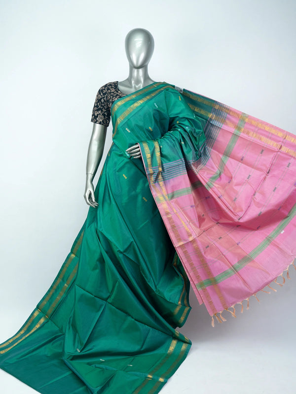 Green Banana Silk saree with contrast pink pallu and gold zari border