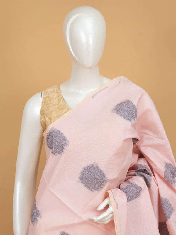 Light pink silk cotton saree with grey floral butta motifs and contrast grey woven pallu and border