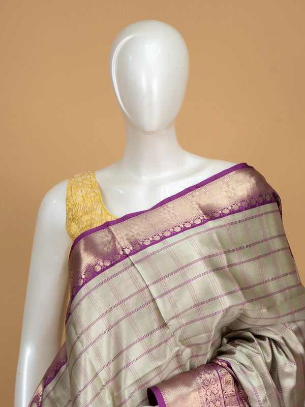 Sage grey and purple Kanchi Semi Silk saree with checked body and gold zari border