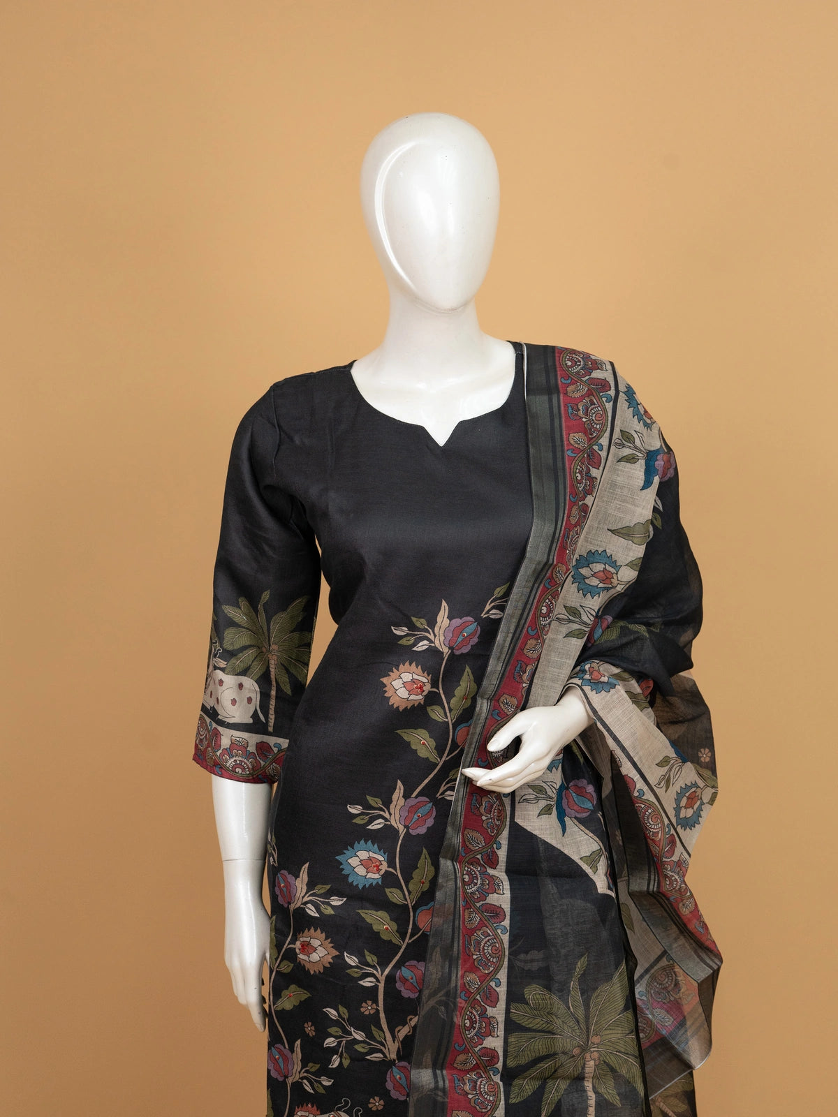 Black cotton silk Pichwai printed straight cut kurti set with matching pants and Kalamkari dupatta