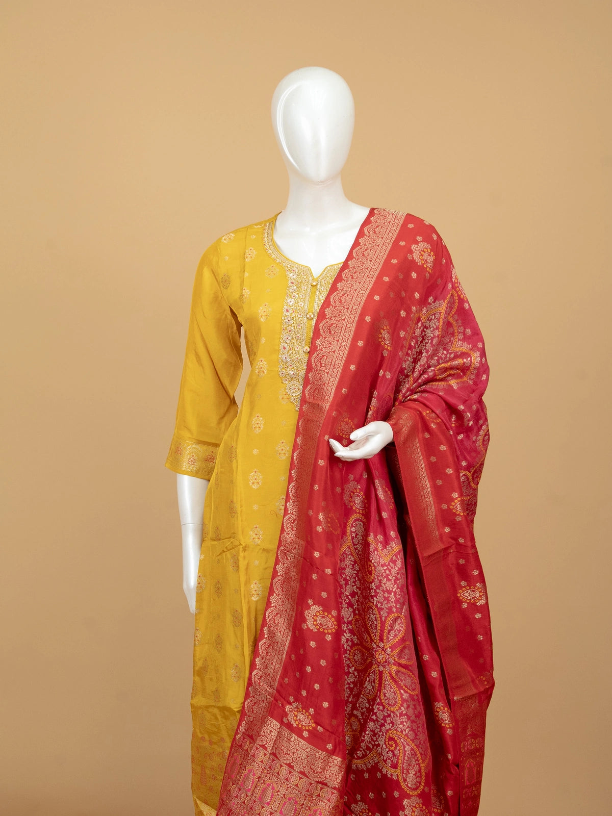 Mustard yellow zari woven silk straight cut kurti set with red woven dupatta and matching straight pants