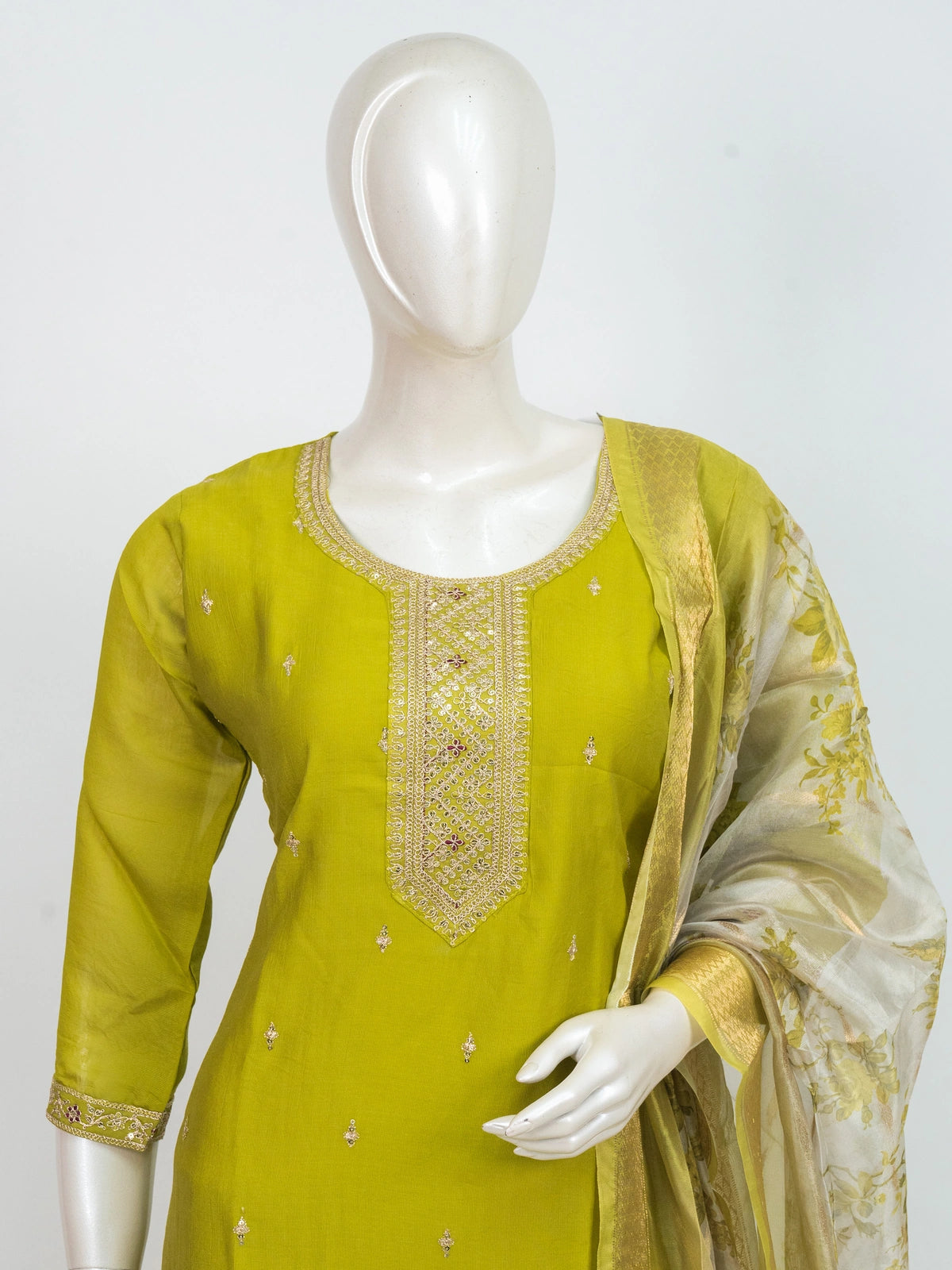 Mehendi Green Chanderi Silk Zari Embroidered Straight Cut Kurti Set with floral organza dupatta