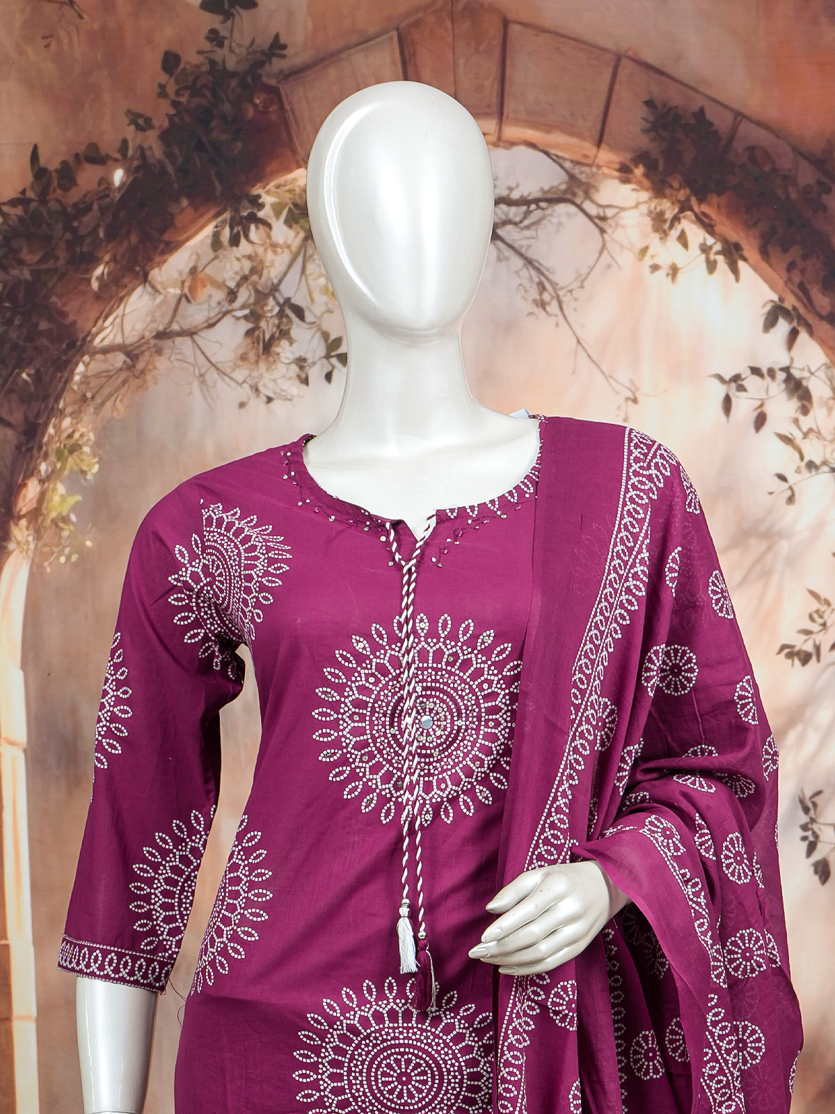 Magenta and white bandhani print cotton kurti set with straight palazzo pants and printed dupatta