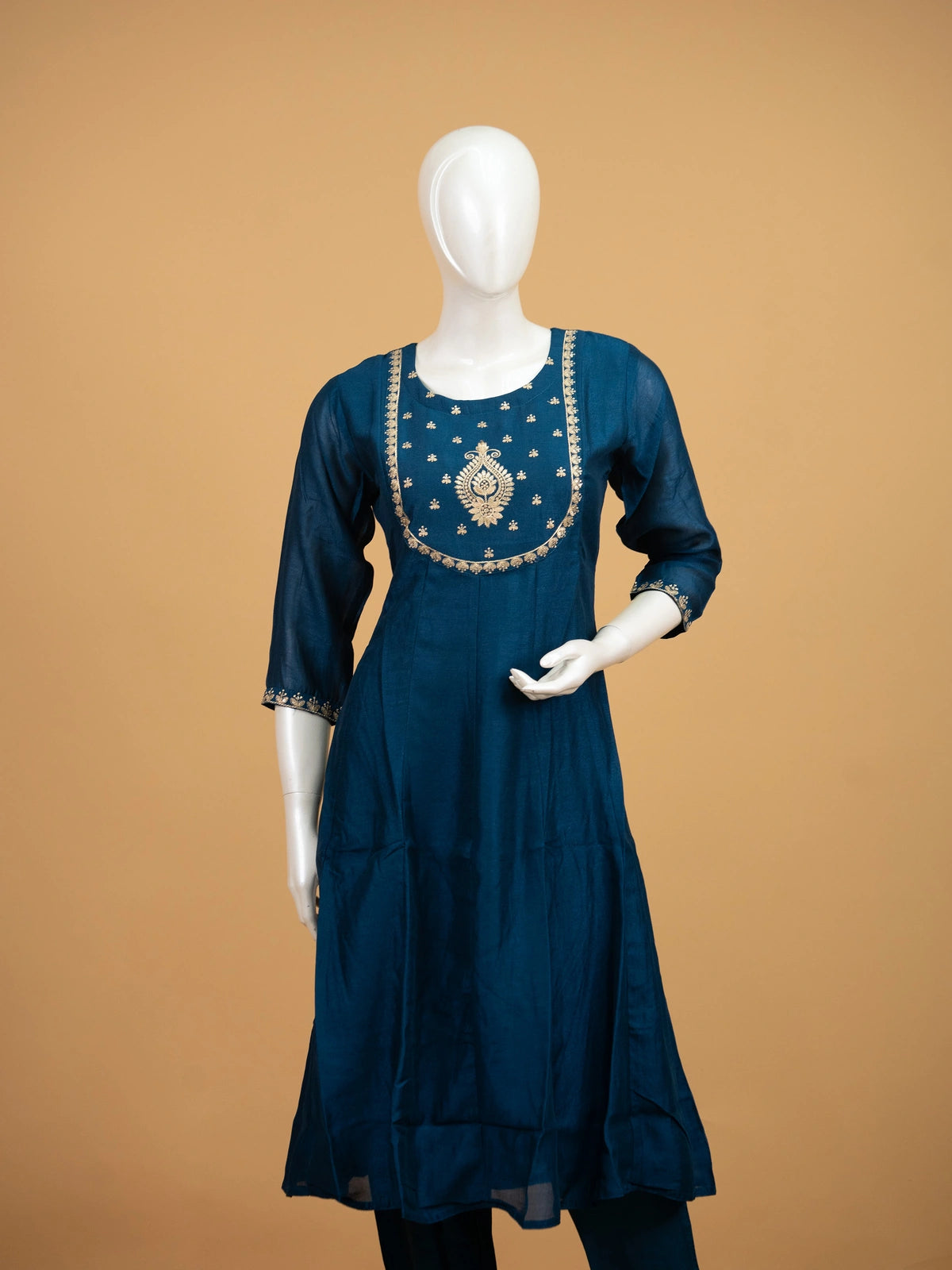 Teal Blue Zari Embroidered Art Silk Anarkali Kurti Set with gold embroidered yoke and striped dupatta