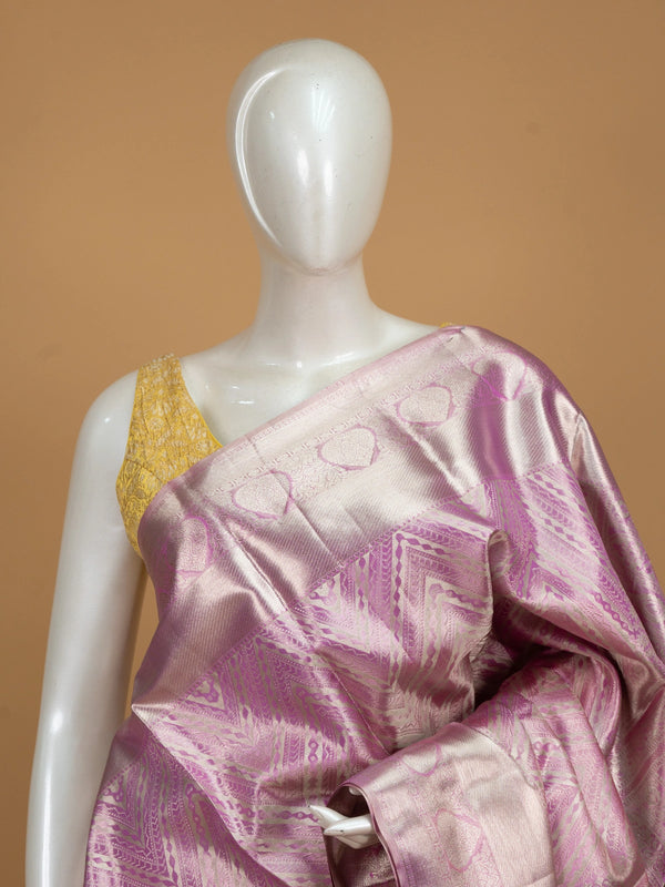 Mauve pink pure Kanchipuram silk saree with silver zari chevron weave and contrast border