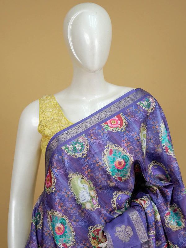 Violet Dola silk saree with gold-framed swan and floral cameo prints and a contrast zari border