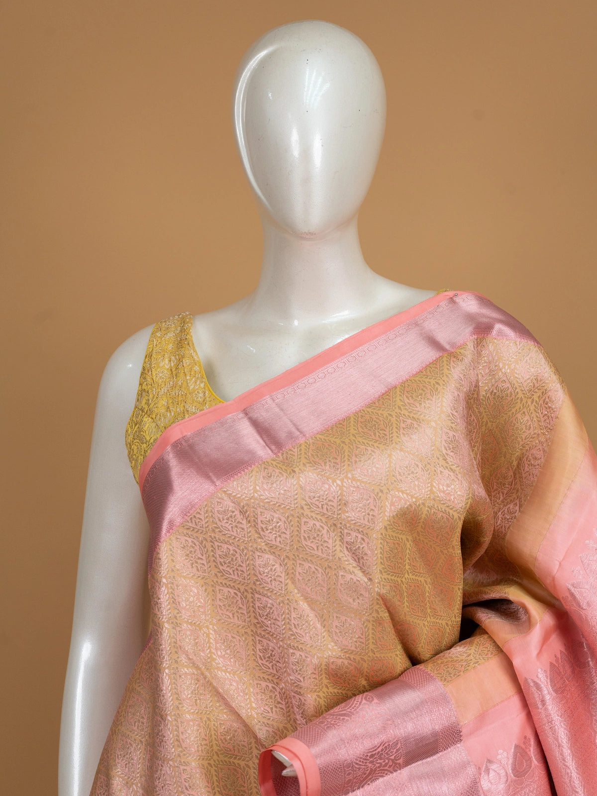 Gold and pink pure Kanchipuram silk saree with gold zari brocade body and contrast pink silver zari border