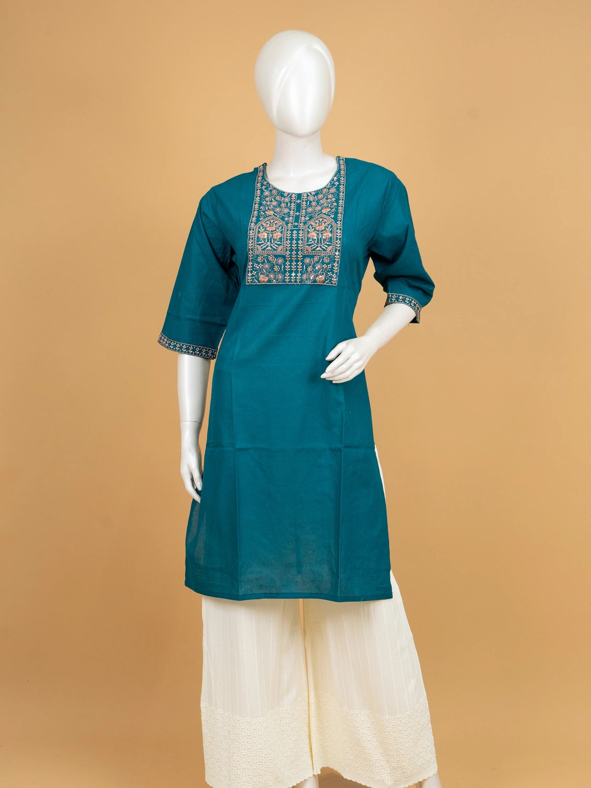 Teal Blue cotton Anarkali kurti top with copper and cream floral embroidered yoke