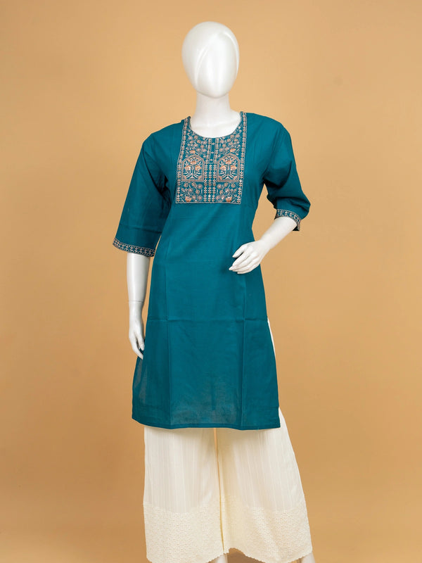Teal Blue cotton Anarkali kurti top with copper and cream floral embroidered yoke