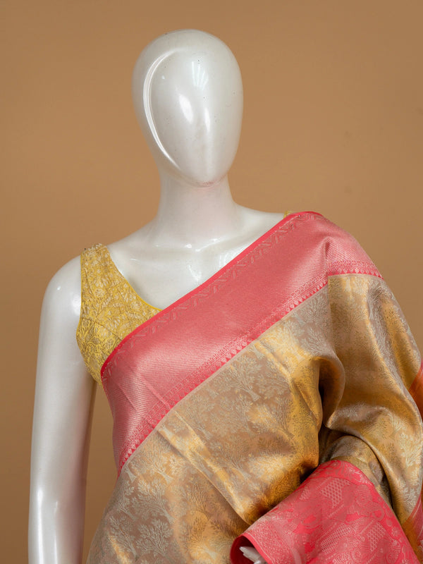Gold pure Kanchipuram silk saree with tree-motif zari body and contrast pink elephant border