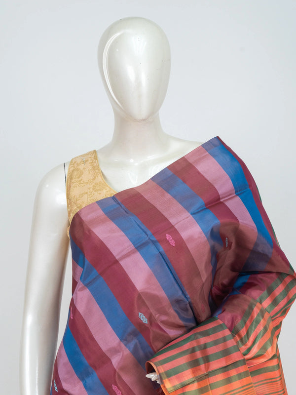 Multicolour checked banana silk saree with contrast orange striped pallu and buti motifs