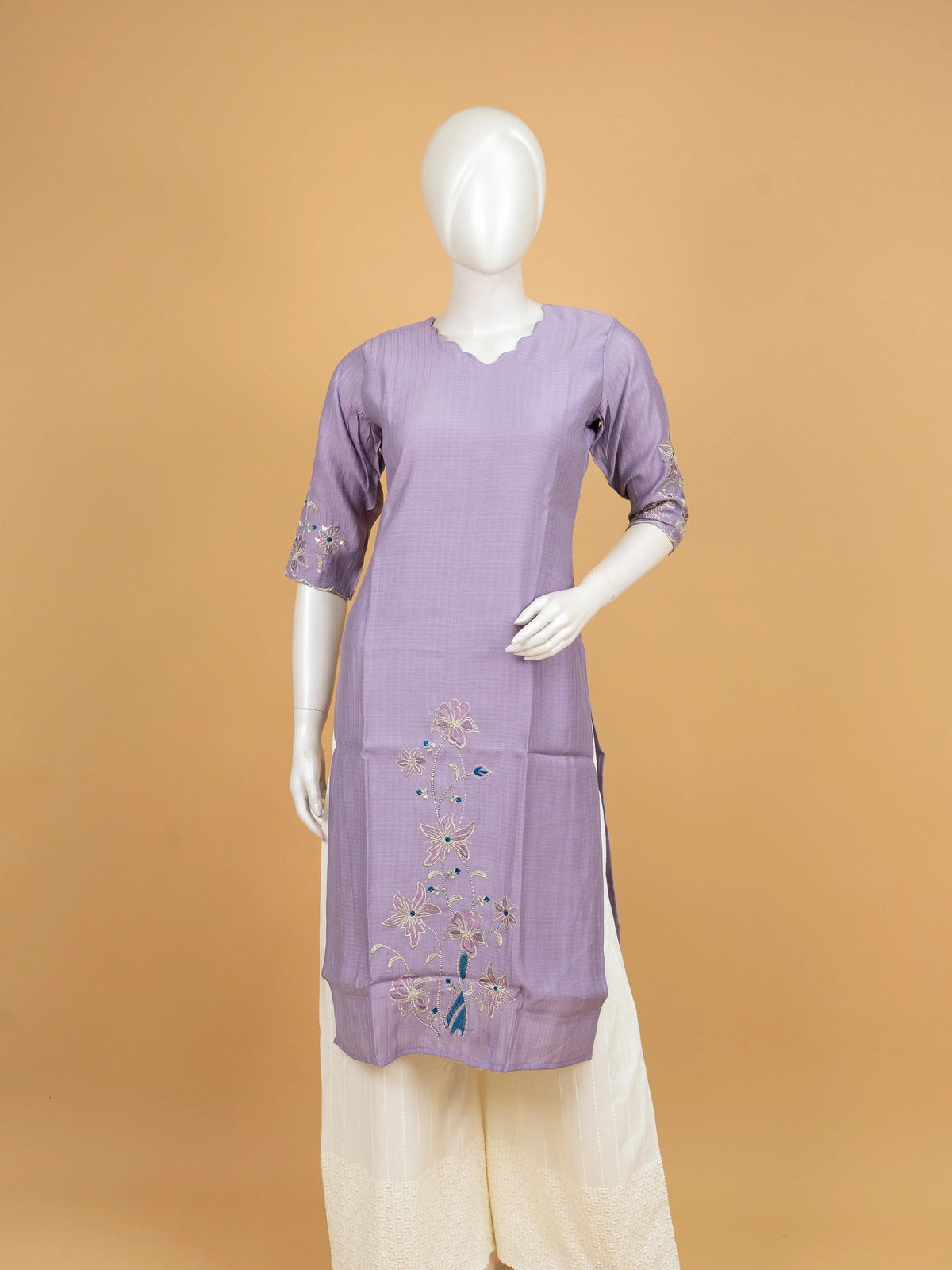 Lavender floral embroidered cotton silk Anarkali kurti top with scalloped neckline