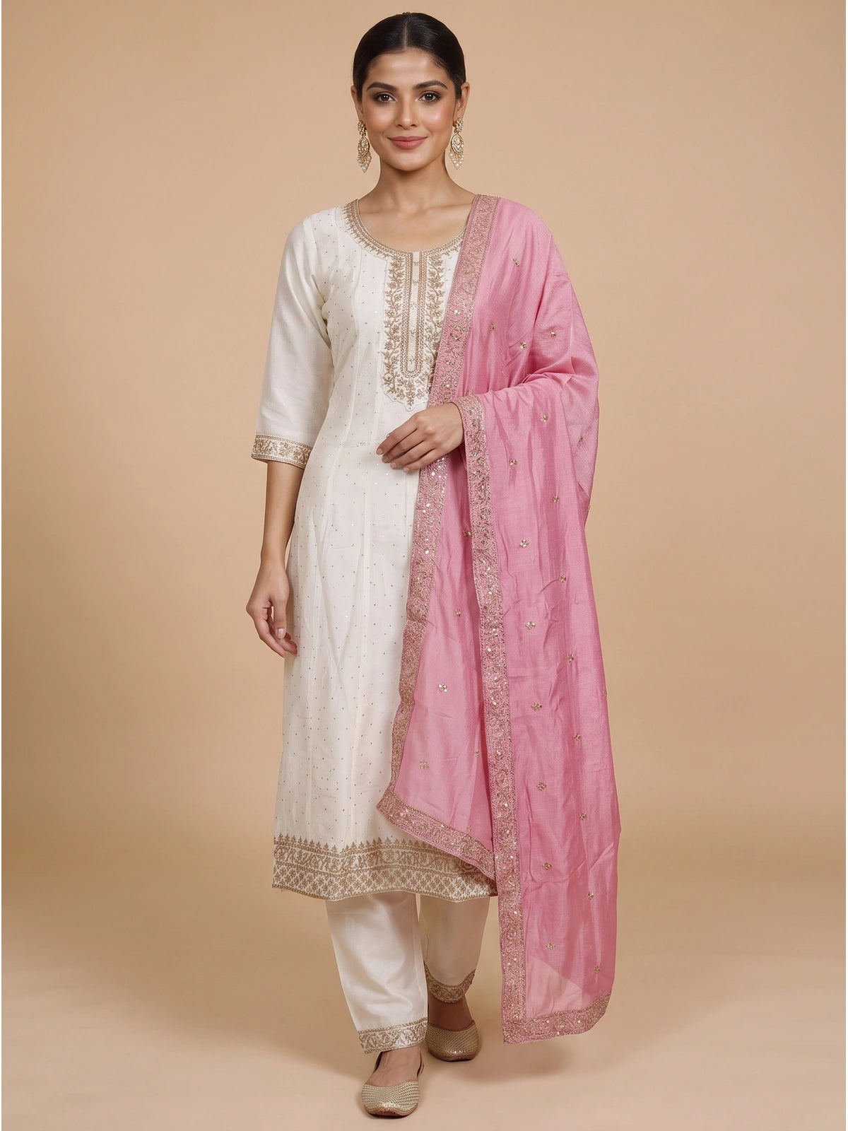 Off-white cream zari embroidered kurti set with pink embroidered dupatta and straight pants